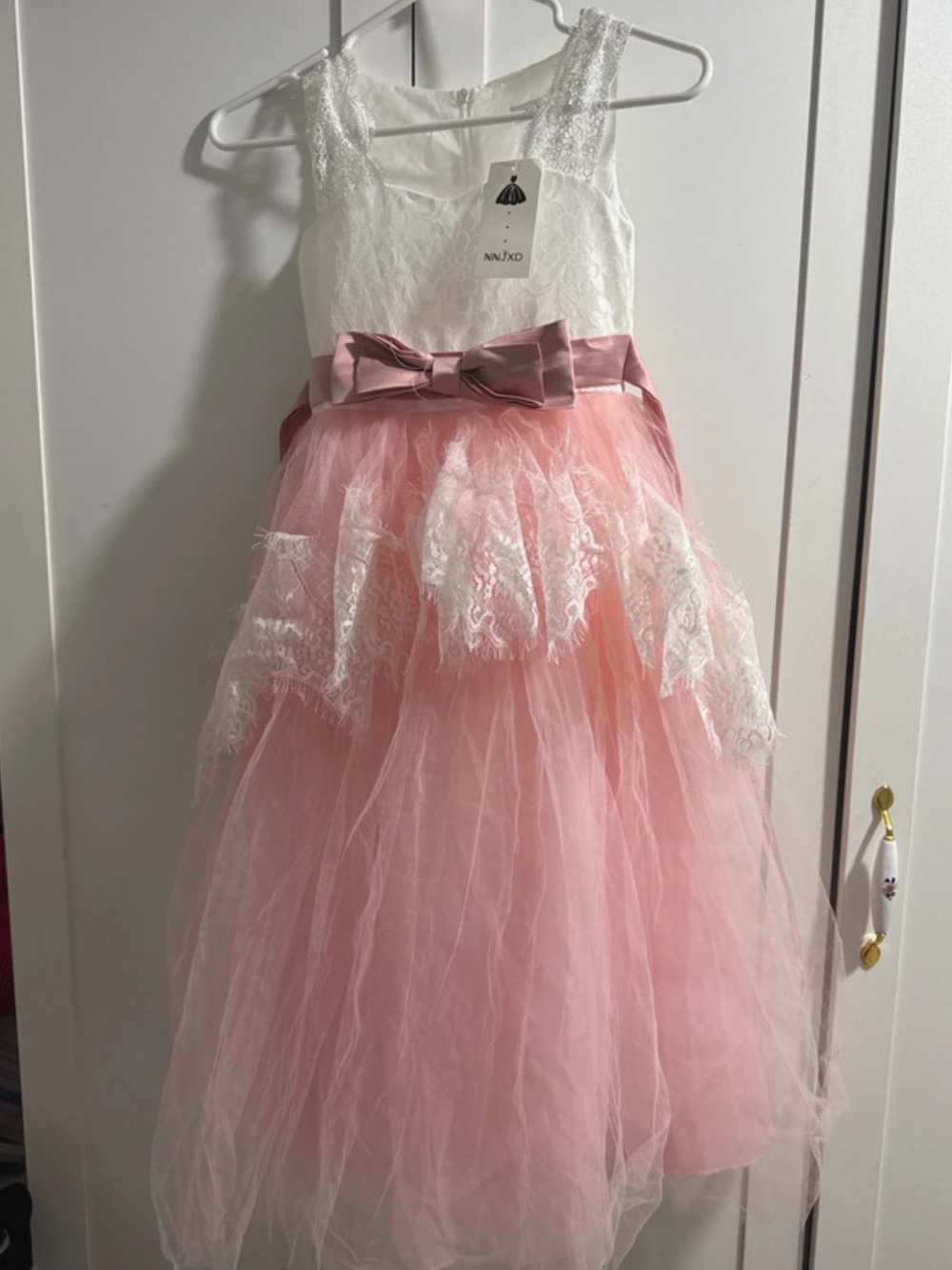 Girls Pink and White Lace Tulle Dress with Bow